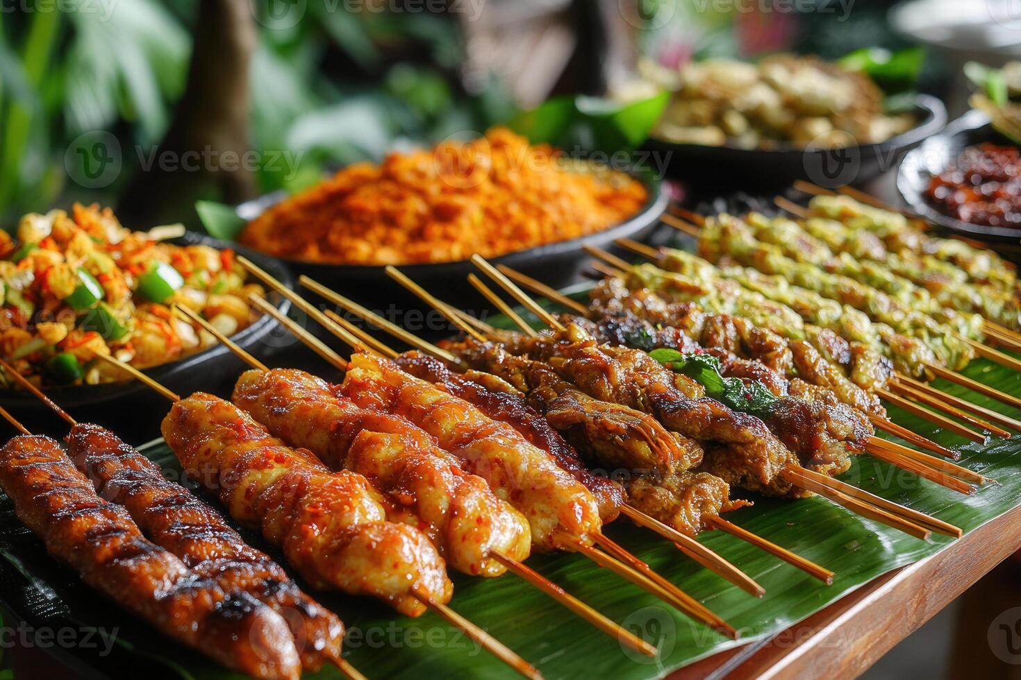 Delicious grilled satay skewers with various sauces and side dishes on a banana leaf. photo