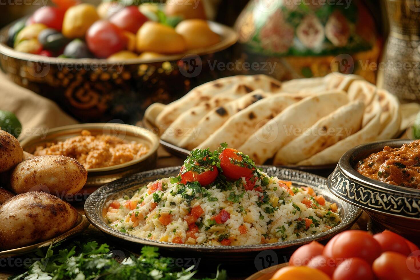 Delicious Indian food rice, vegetables, naan bread, and sauces. photo