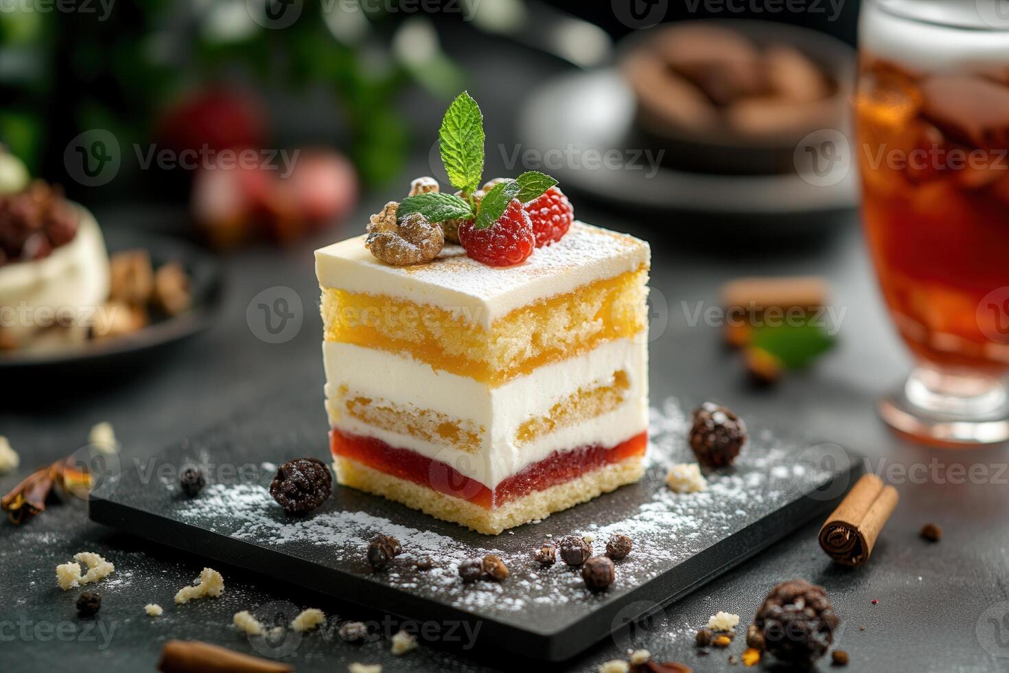 Delicious layered cake dessert with fresh raspberries, mint, and powdered sugar on a dark slate plate. photo