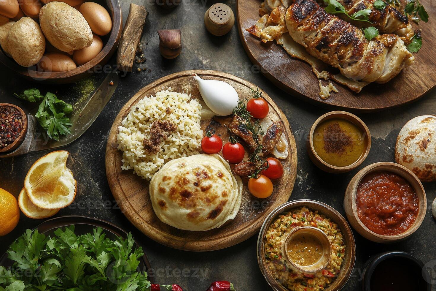 Diverse assortment of delicious Middle Eastern food dishes displayed on rustic wooden platters. photo