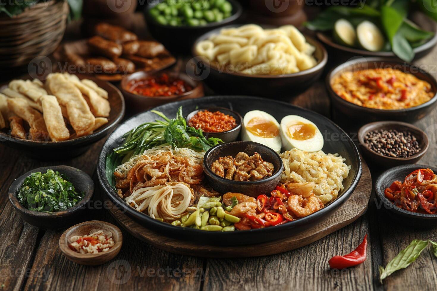 Diverse Asian cuisine, noodles, shrimp, eggs, vegetables, sauces, spices on rustic wooden table. photo