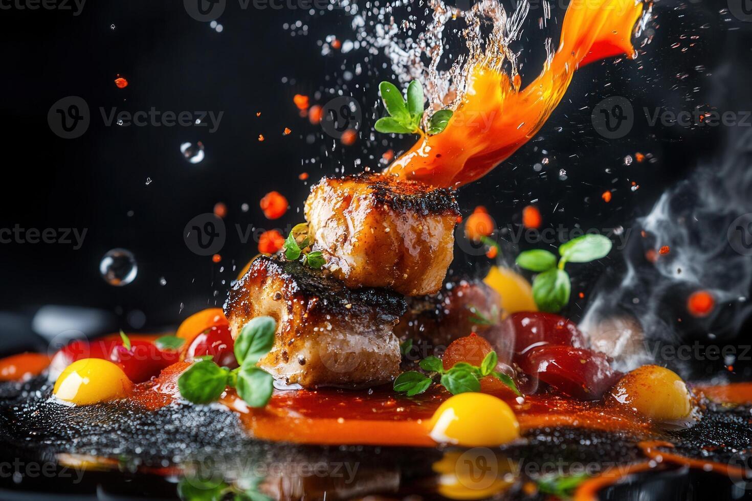 Gourmet food presentation with splashes and smoke. photo