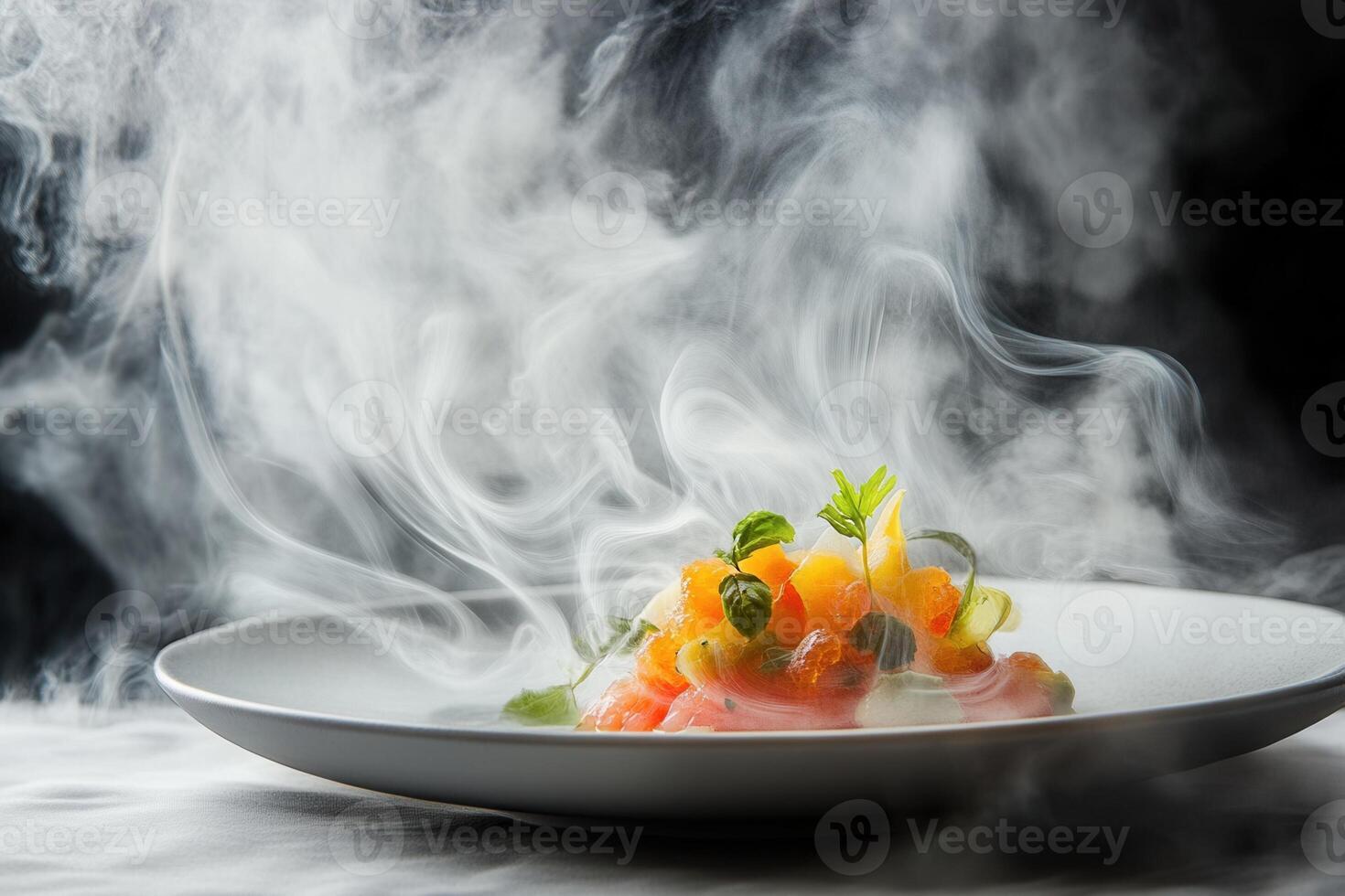 Smoked salmon appetizer on white plate with dry ice. photo