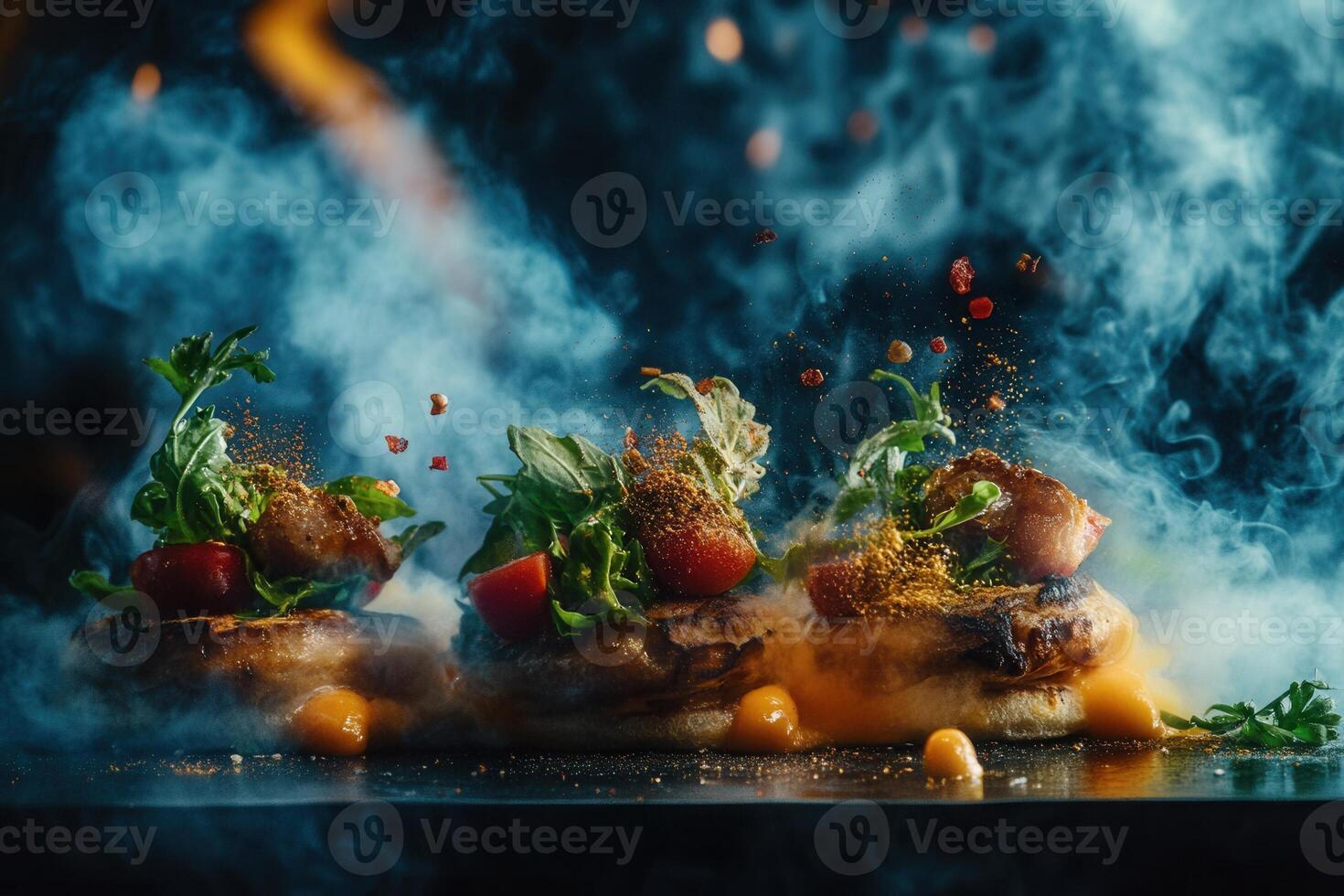 Three gourmet mini pizzas with smoky effect, herbs, and spices. photo