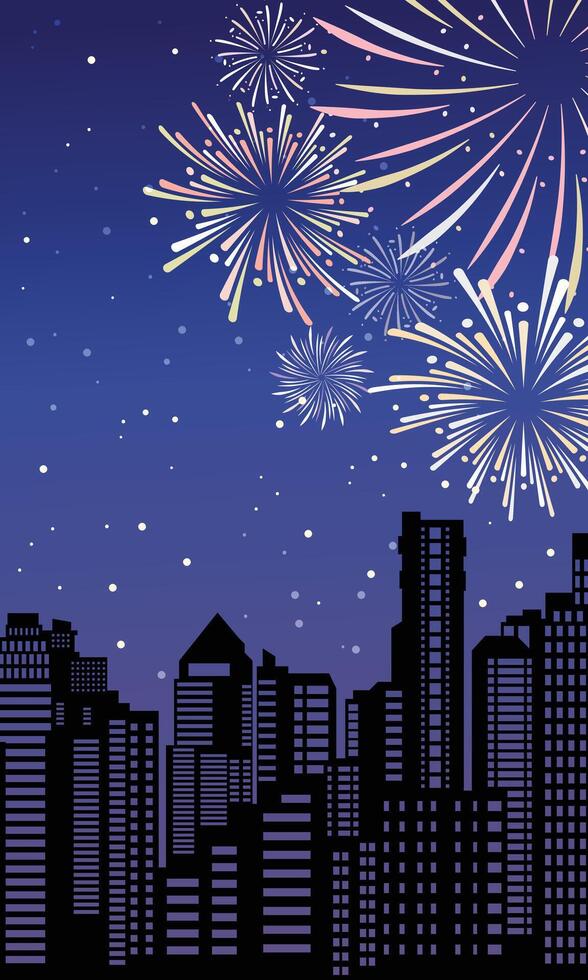 New Year's Eve fireworks and city buildings silhouette wallpaper vector