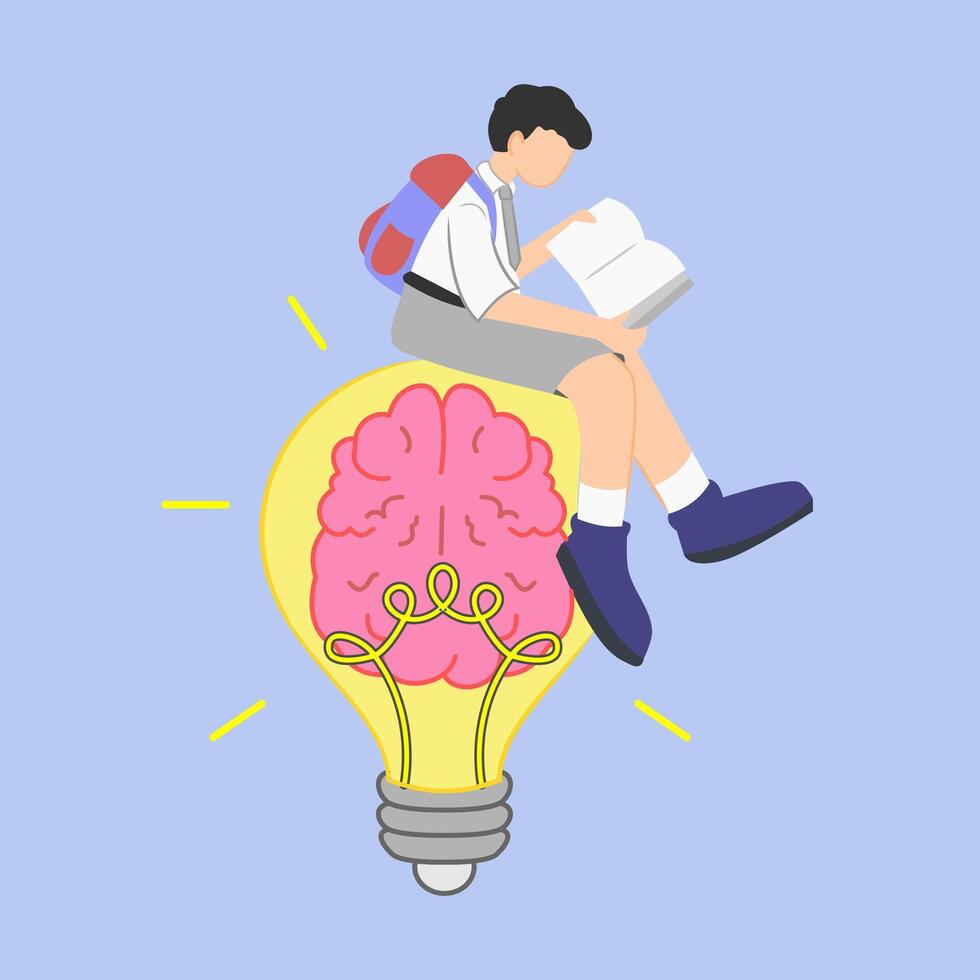 illustration of a student reading a book and sitting on a light bulb with a brain inside vector