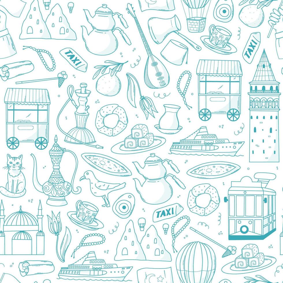 Turkiye and Istanbul doodles seamless pattern for wallpaper, wrapping paper, backgrounds, packaging, prints, stationery, textile, etc. EPS 10 vector