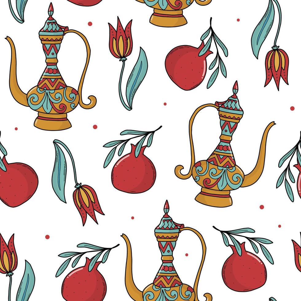 Middle eastern seamless pattern with doodles of tulips, pomegranates, traditional jars for prints, cards, wallpaper, scrapbooking, stationery, backgrounds, etc. EPS 10 vector
