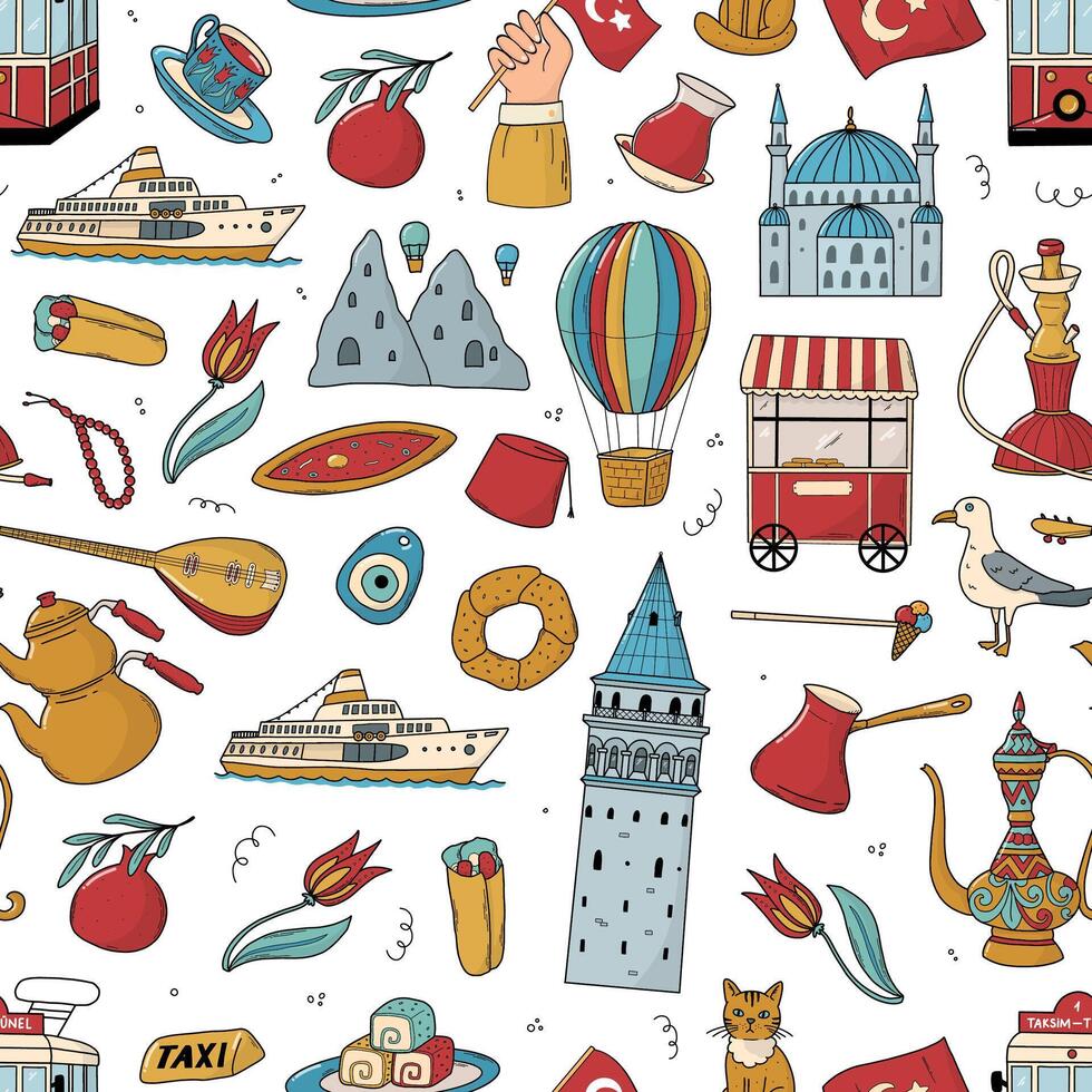 Turkiye doodles seamless pattern for textile prints, wallpaper, wrapping paper, packaging, backgrounds, stationery, etc. EPS 10 vector