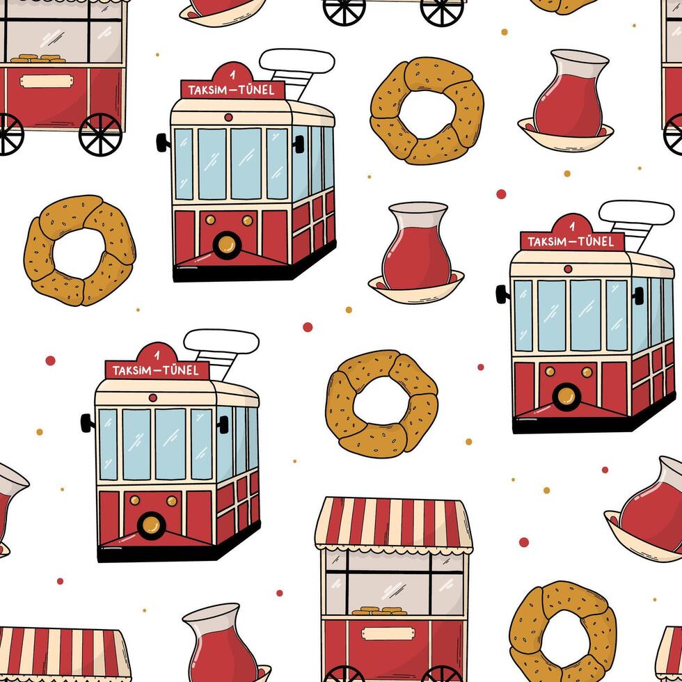 Istanbul retro red tramways, traditional tea glasses, simits doodles seamless pattern for wallpaper, wrapping paper, packaging, backgrounds, digital paper, etc. EPS 10 vector