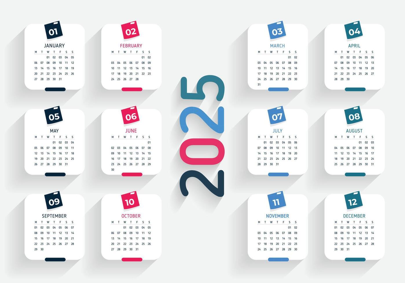 Calendar template 2025 set color english square calender collection vector