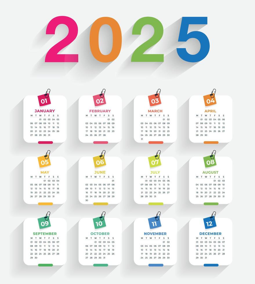 Calendar template 2025 set. Color english square calender collection vector