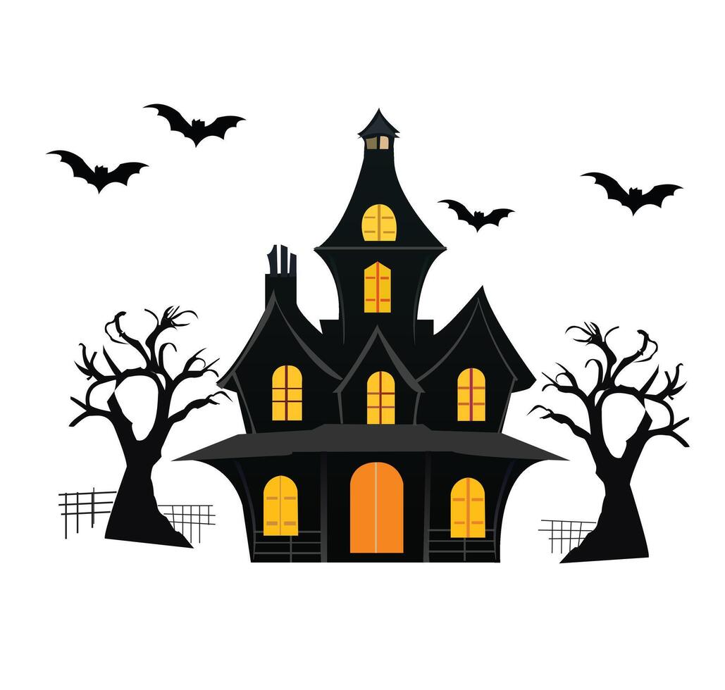 halloween house with bats and trees vector