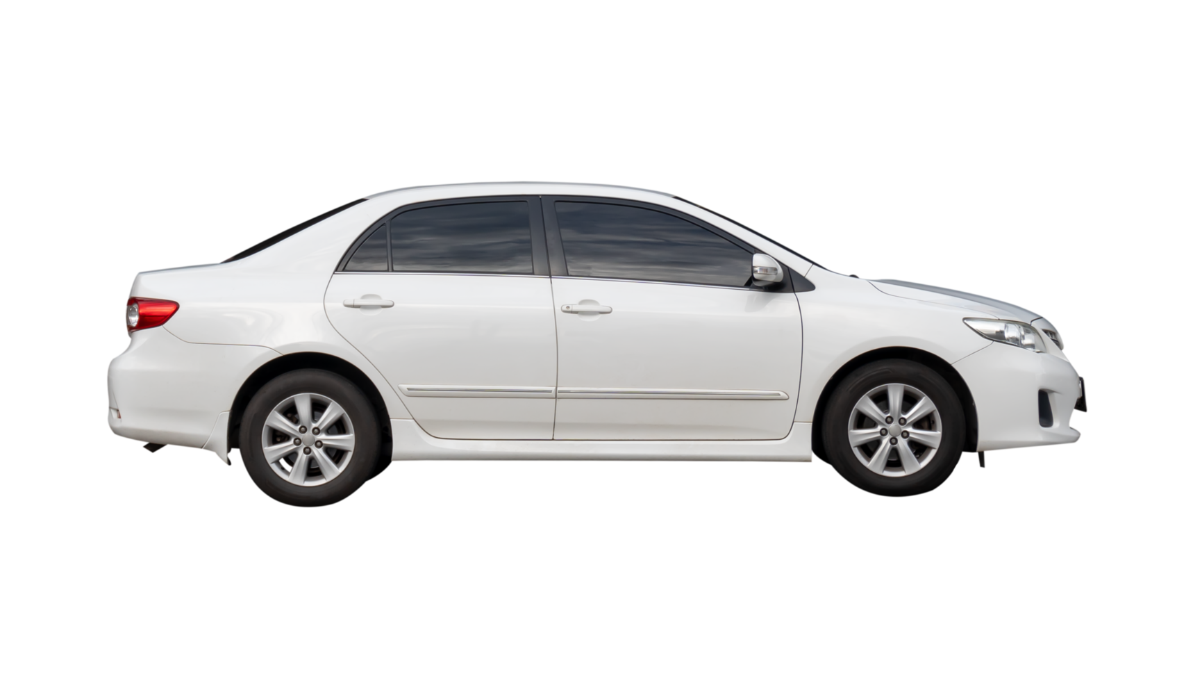 Side view of white sedan car isolated with clipping path in file format png