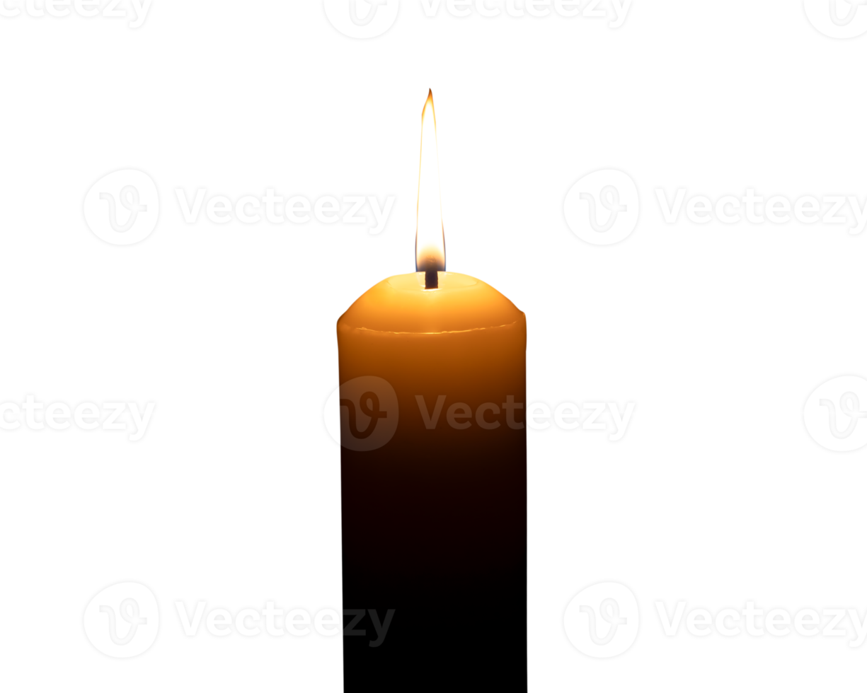 A single burning candle flame or light glowing on a big white candle isolated with clipping path in file format png