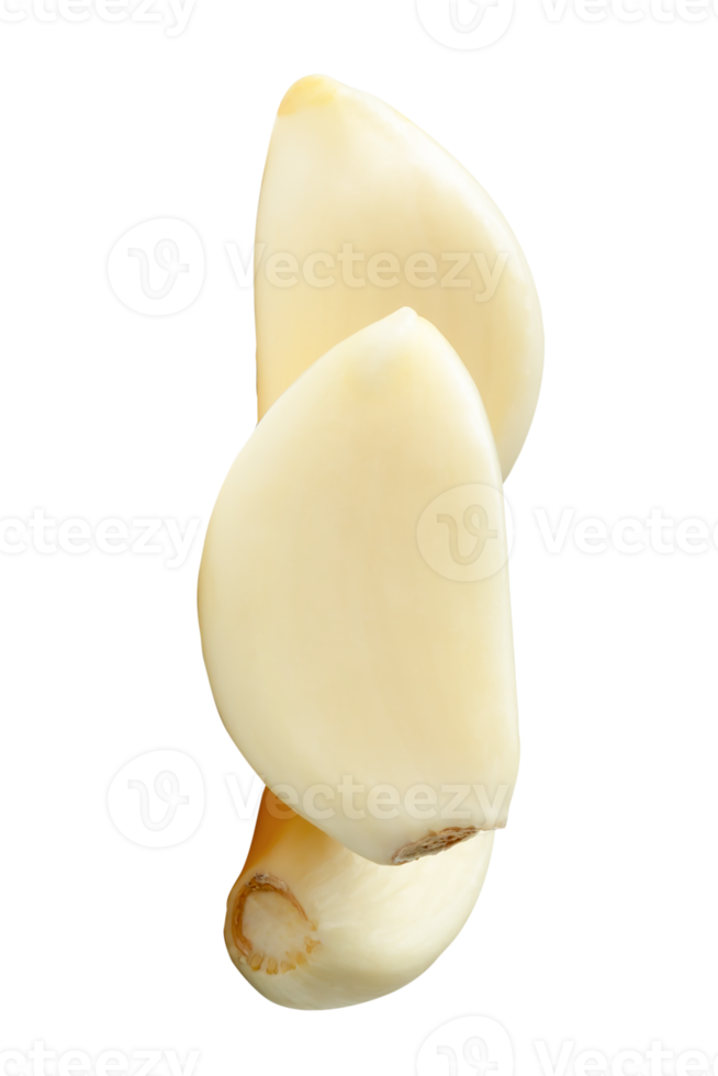 Top view photo of three peeled garlic cloves in heap isolated with clipping path in file format png