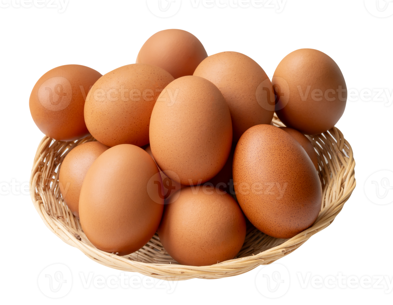 Top view of cream fresh brown chicken eggs in stack in wicker basket isolated with clipping path in file format png