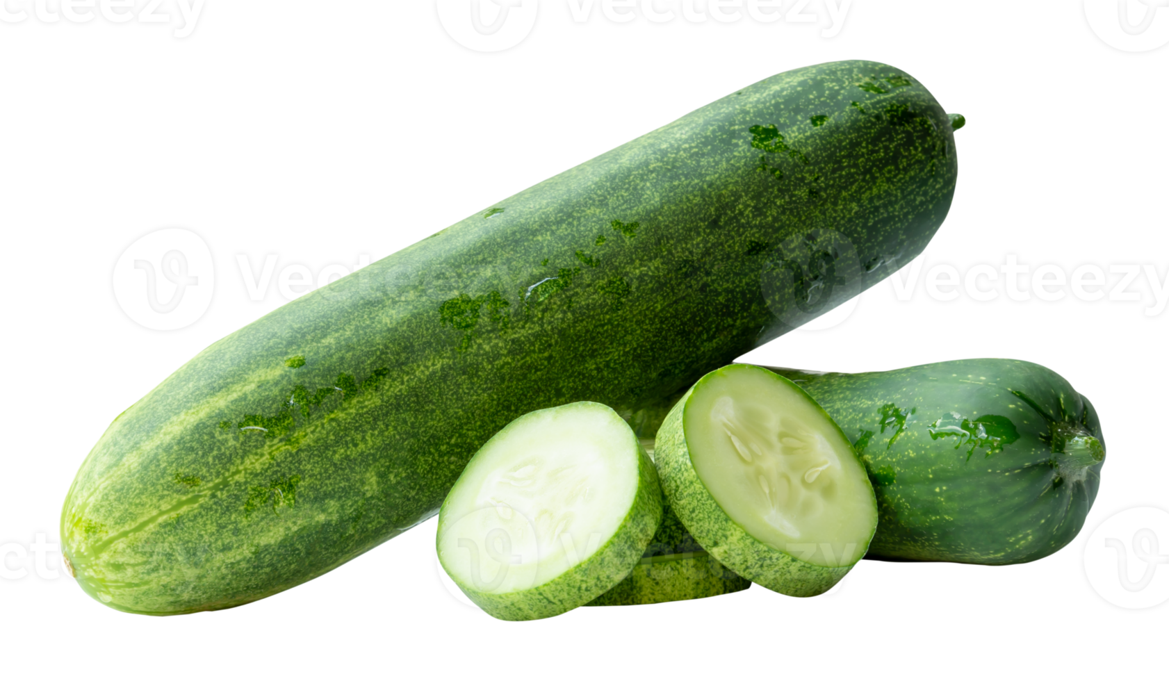 two fresh green cucumbers with slices in circle shape in stack isolated with clipping path in file format png