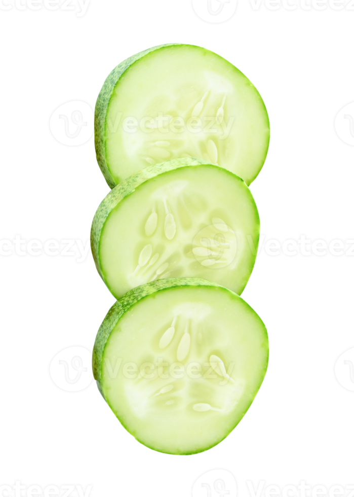 Three fresh green cucumber slices in circle shape in stack isolated in file format Top view photo png
