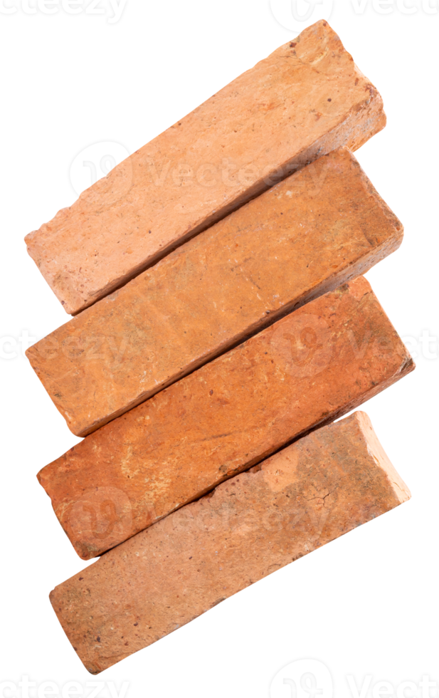 Four old red or orange bricks in heap isolated with clipping path in file format Top view photo png