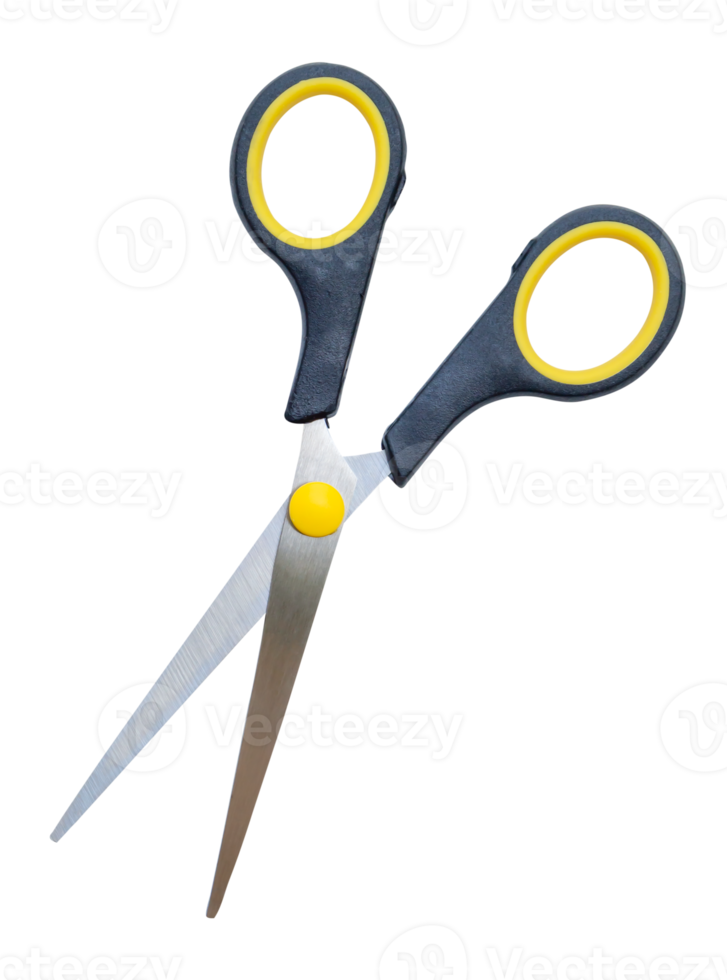 Top view of a pair of small multipurpose scissors with black and yellow handle isolated with clipping path in file format png