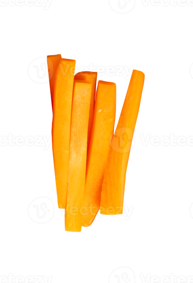 Side view of orange carrot slices in stick shape in stack isolated with clipping path in file format png