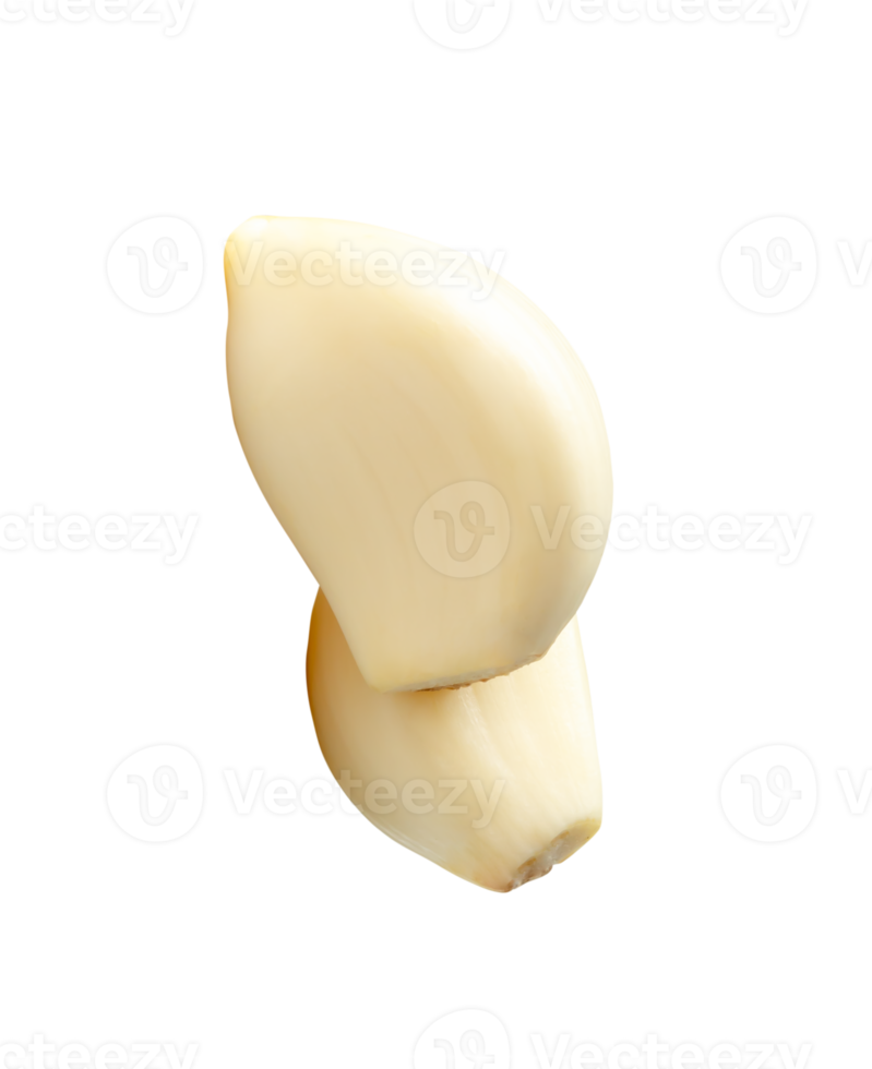 two peeled garlic cloves in stack isolated with clipping path in file format png