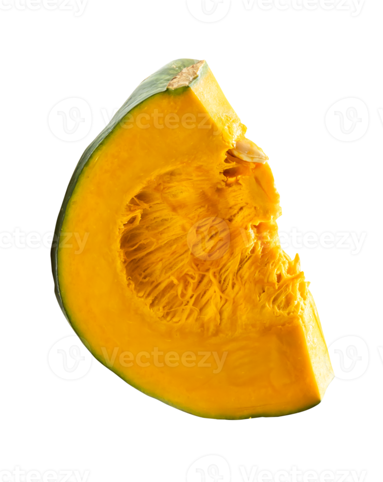 Top view of single green Japanese pumpkin slice or piece isolated with clipping path in file format png