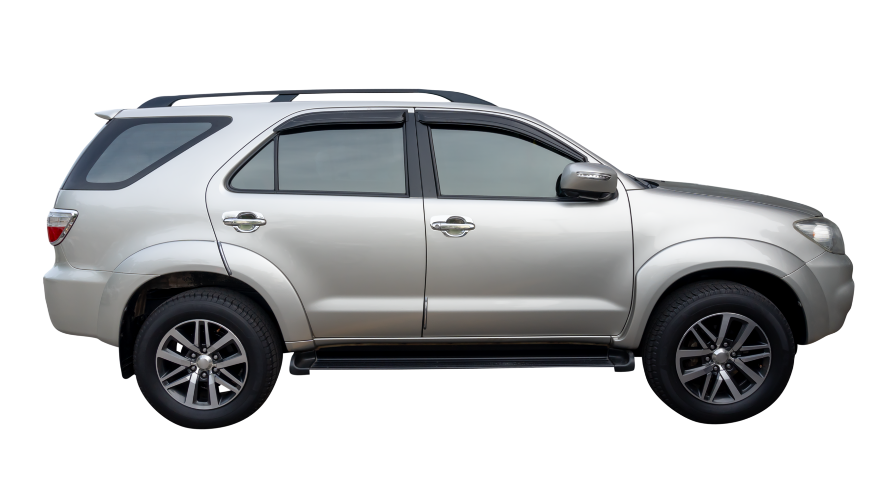 Side view of elegant silver SUV sports car isolated with clipping path in file format png