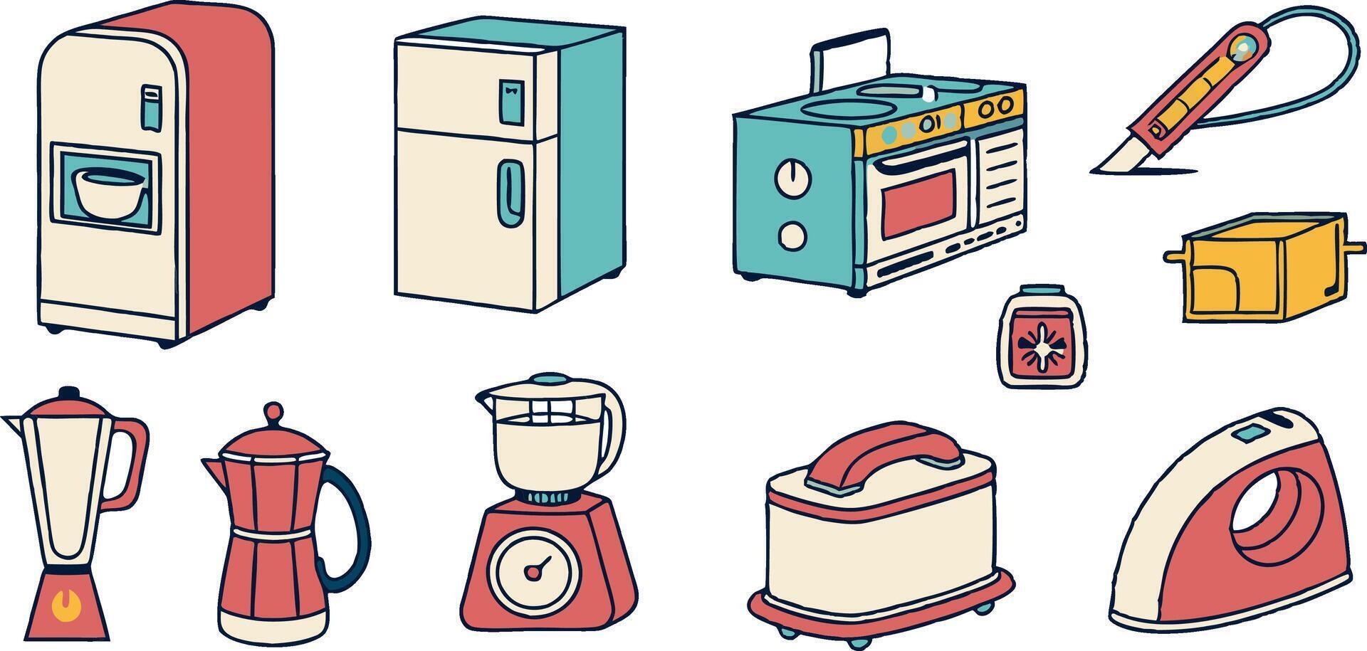 a set of kitchen appliances and appliances vector
