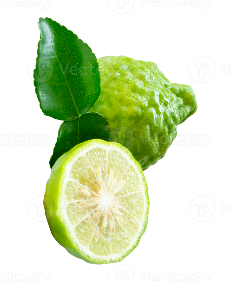 Single fresh green bergamot fruits or kaffir lime with half and green leaf in stack isolated with clipping path in file format png