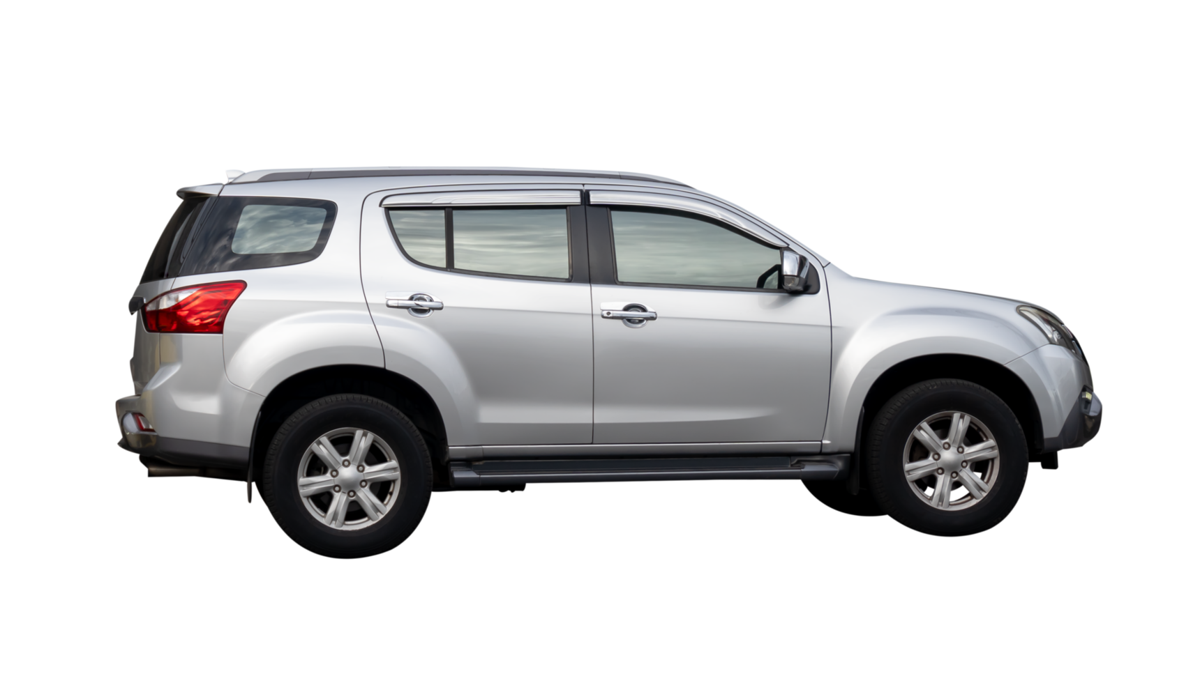 Side view of white or silver SUV car isolated with clipping path in file format png