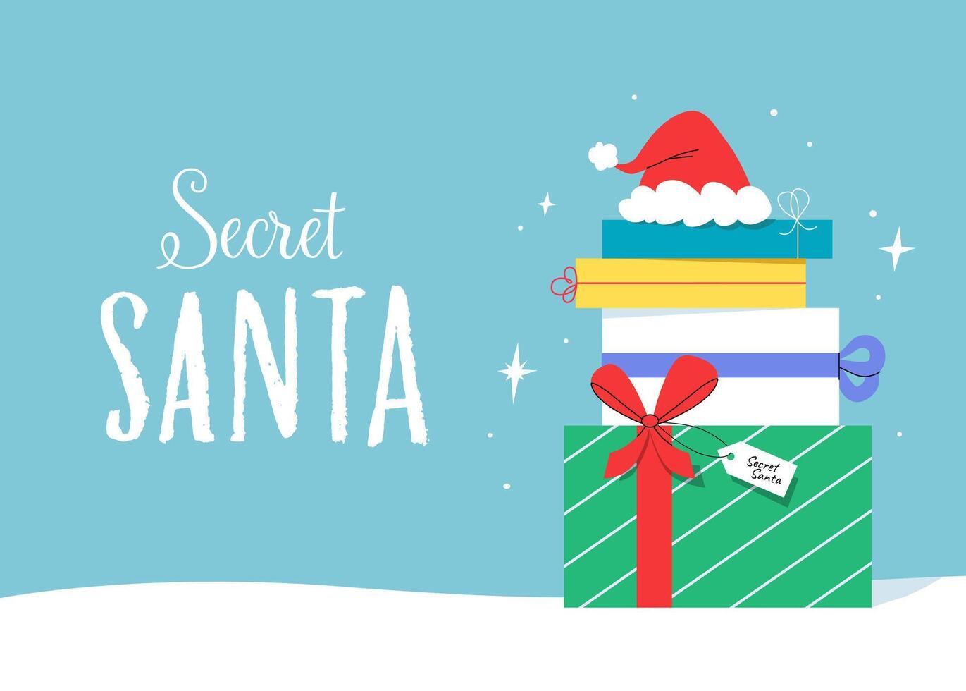 Christmas presents in a snow with a Secret Santa tag and red hat on top for traditional gift exchange. Festive gift boxes and sparkling stars for magical atmosphere vector