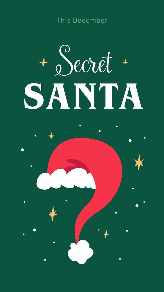 Secret Santa Holiday Poster with question mark Santa hat minimalist design on green background. Illustration for party invitations or social campaigns vector