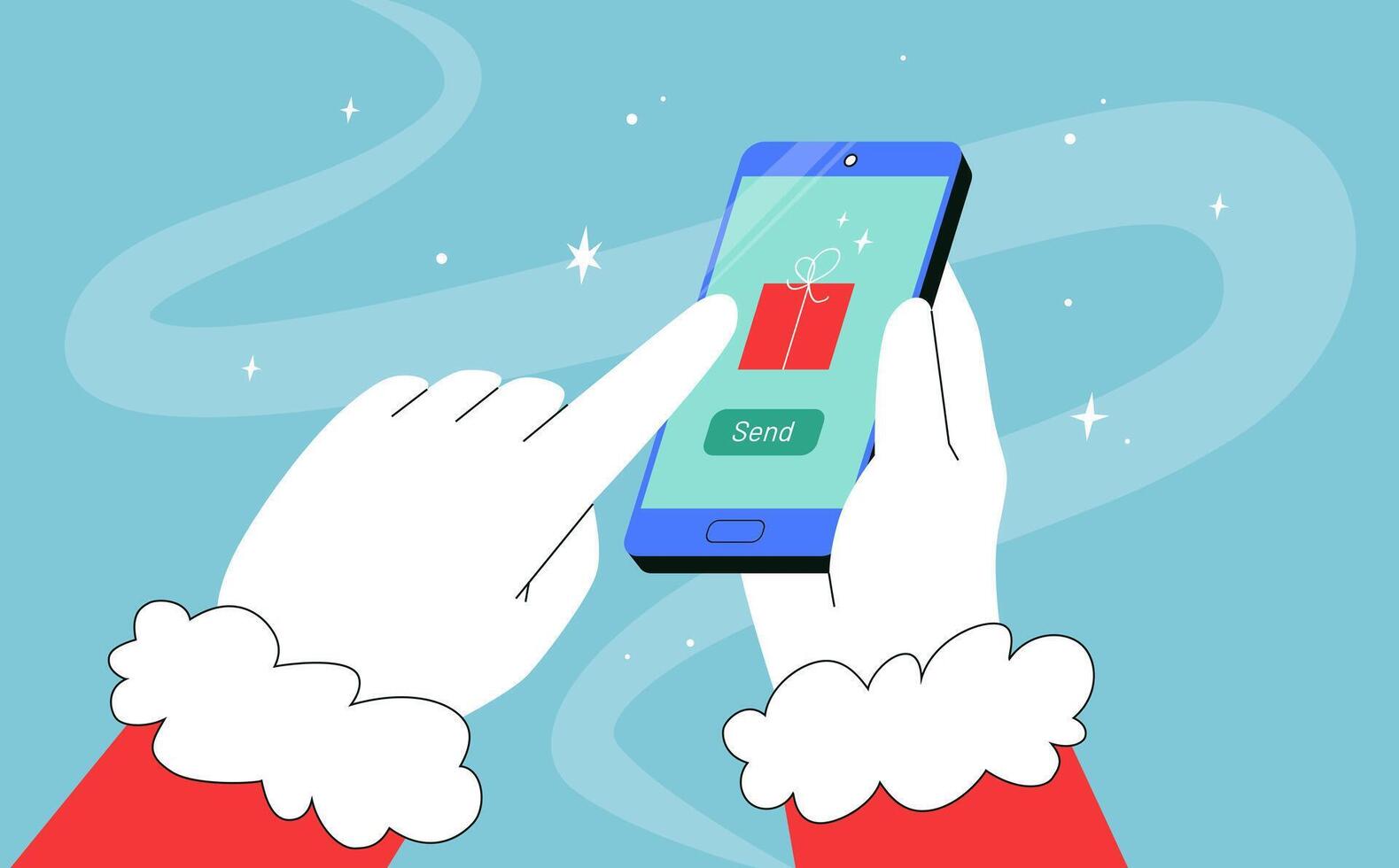 Festive illustration of Santa's hands holding a smartphone, tapping to send a gift via an app. Online gifting or holiday tech modern Christmas art vector