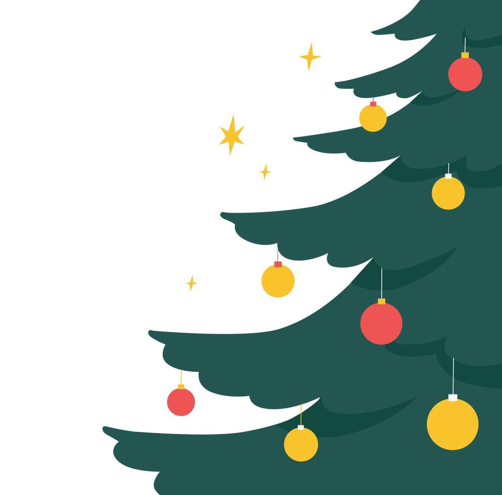 Festive Christmas tree decorated with red and yellow baubles isolated on white background with sparkling stars. Modern flat-style illustration for holiday vector