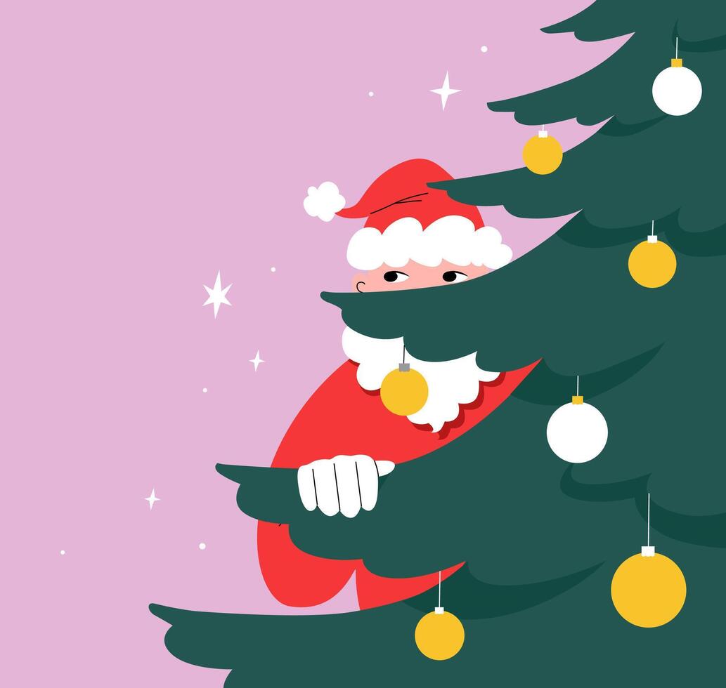 Santa Claus hiding behind a festive Christmas tree. Secret Santa playful flat illustration with twinkling stars on background. Visual for social media, banner vector