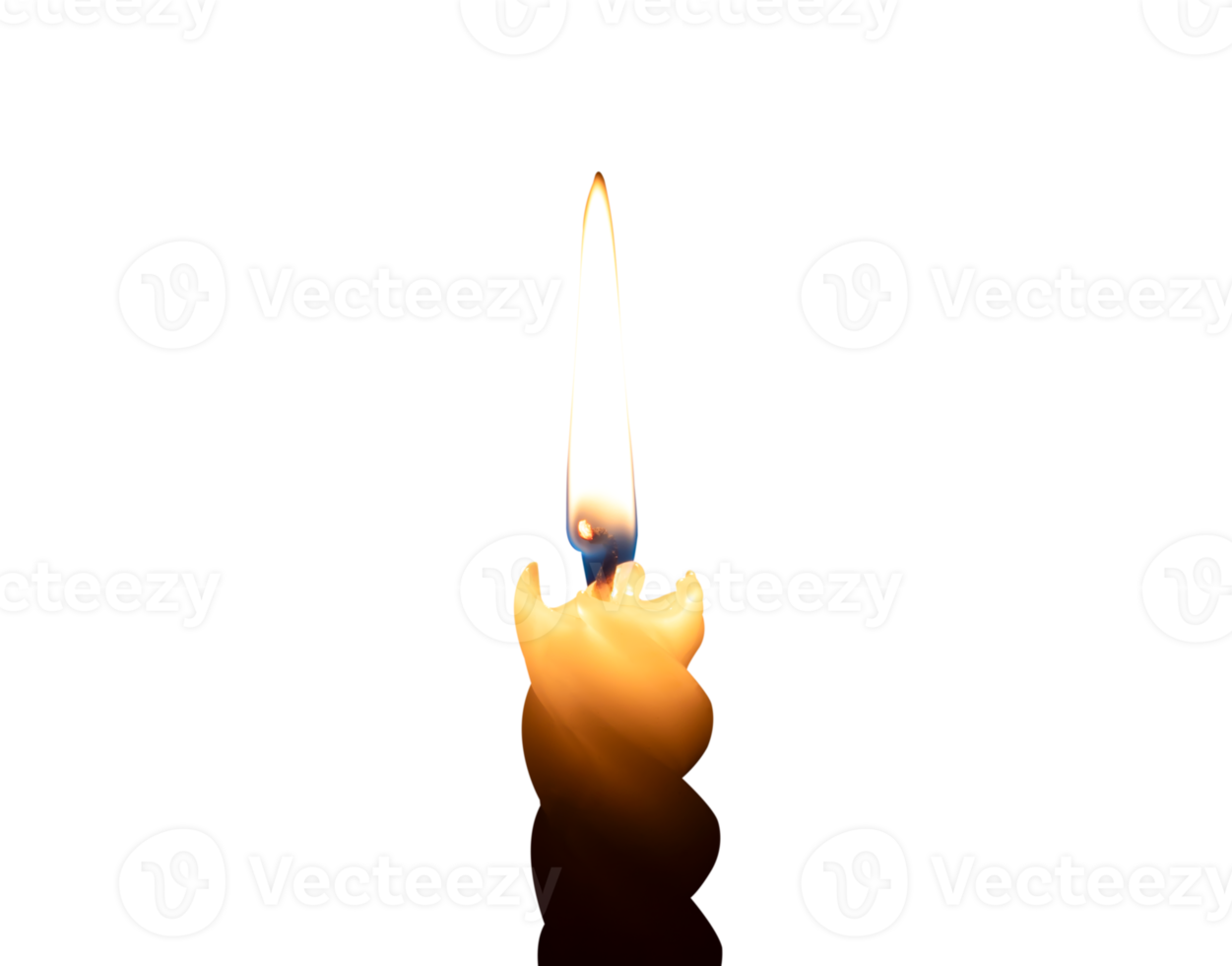 A single burning candle flame or light glowing on a small spiral white candle isolated with clipping path in file format png