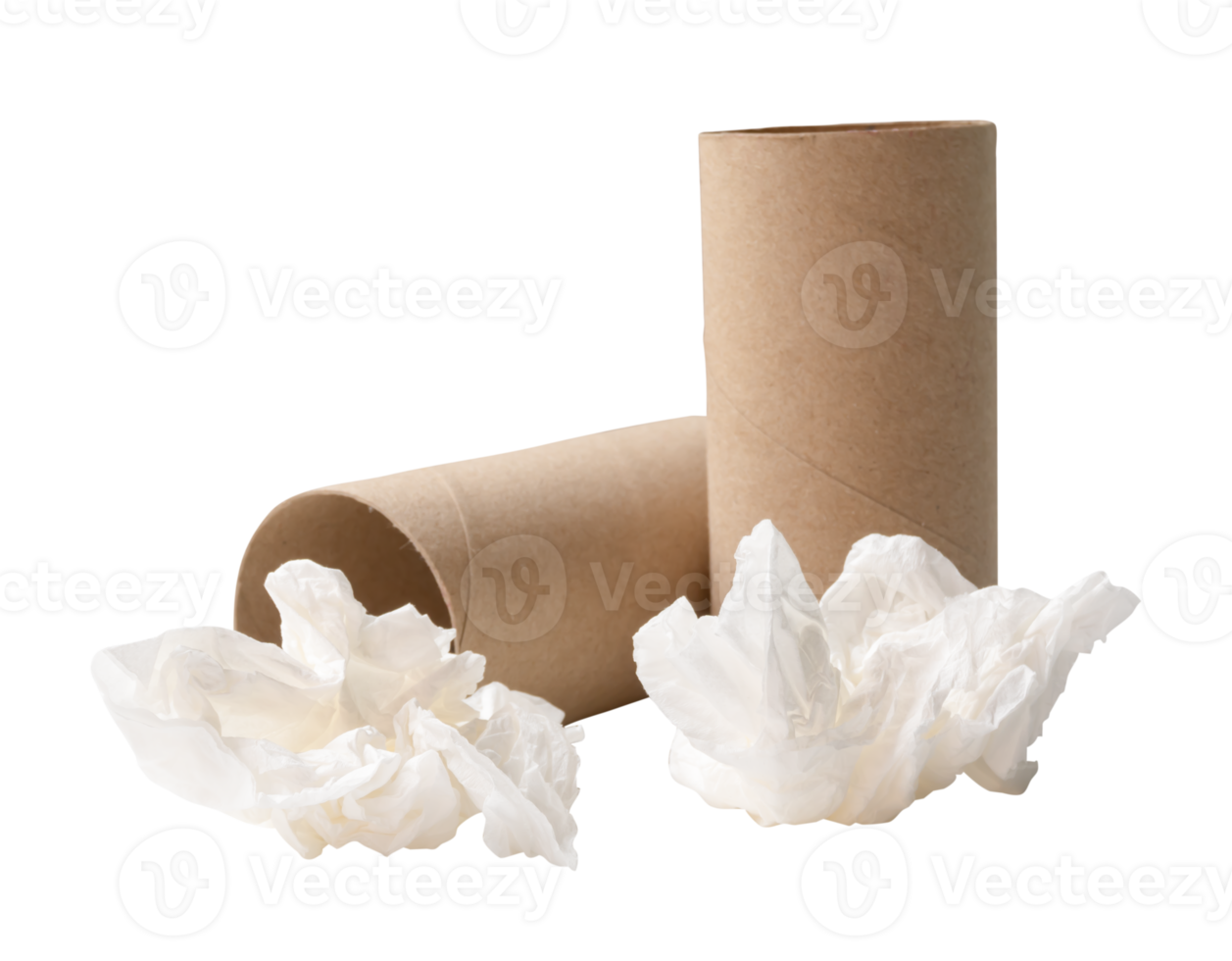 Side view of screwed or crumpled white tissue paper ball with cores in stack isolated with clipping path in file format png