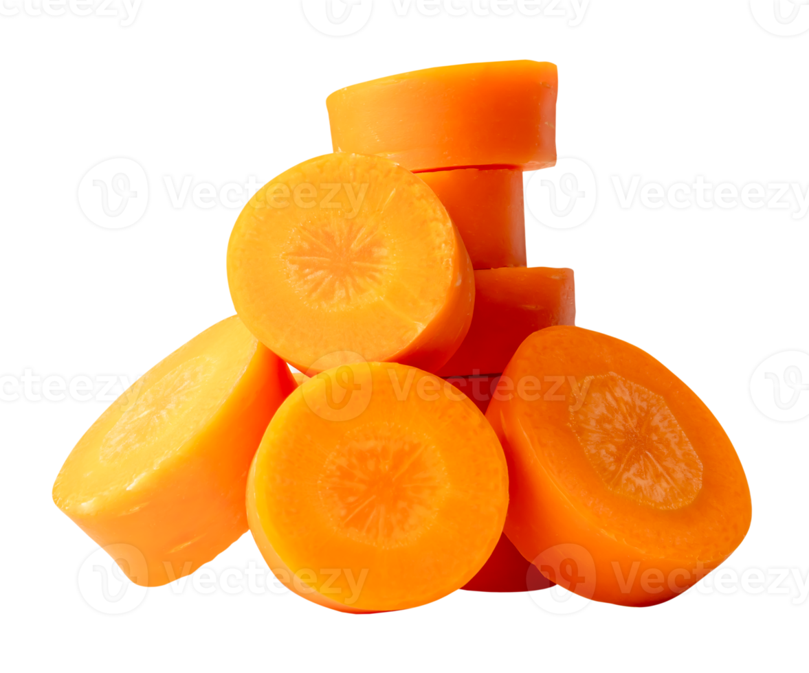 Side view of fresh orange carrot slice in stack isolated with clipping path in file format png