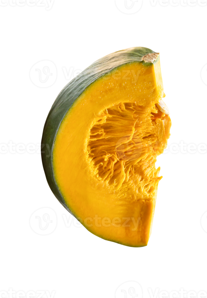 Top view of fresh green japanese pumpkin slice or piece isolated with clipping path in file format png