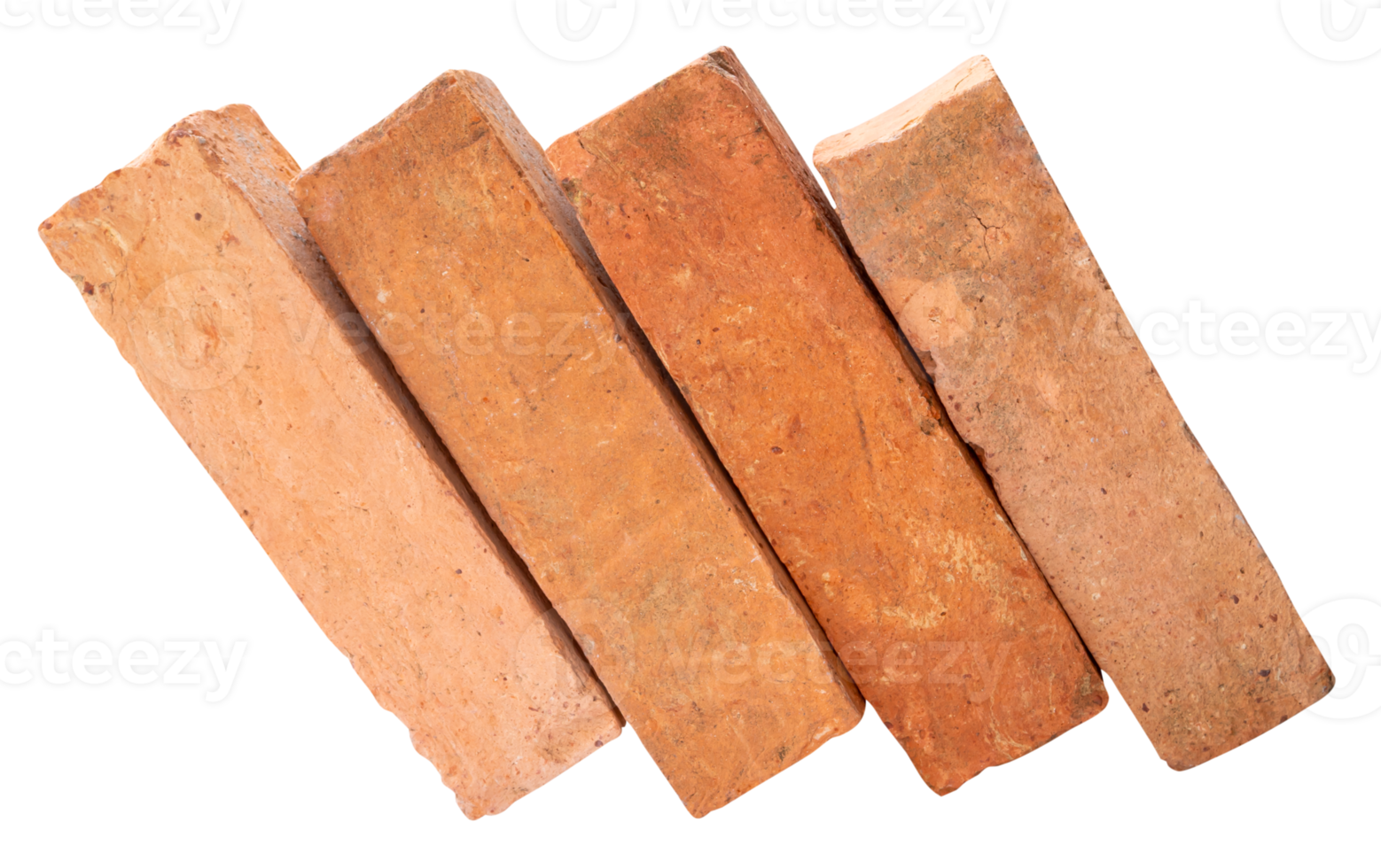 Side view of red or orange bricks in pile isolated with clipping path in file format png