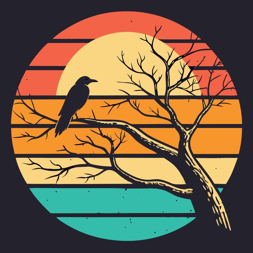 a bird sitting on a tree branch with the sun setting behind it vector