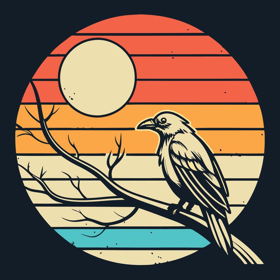 a bird sitting on a branch in front of a sunset vector