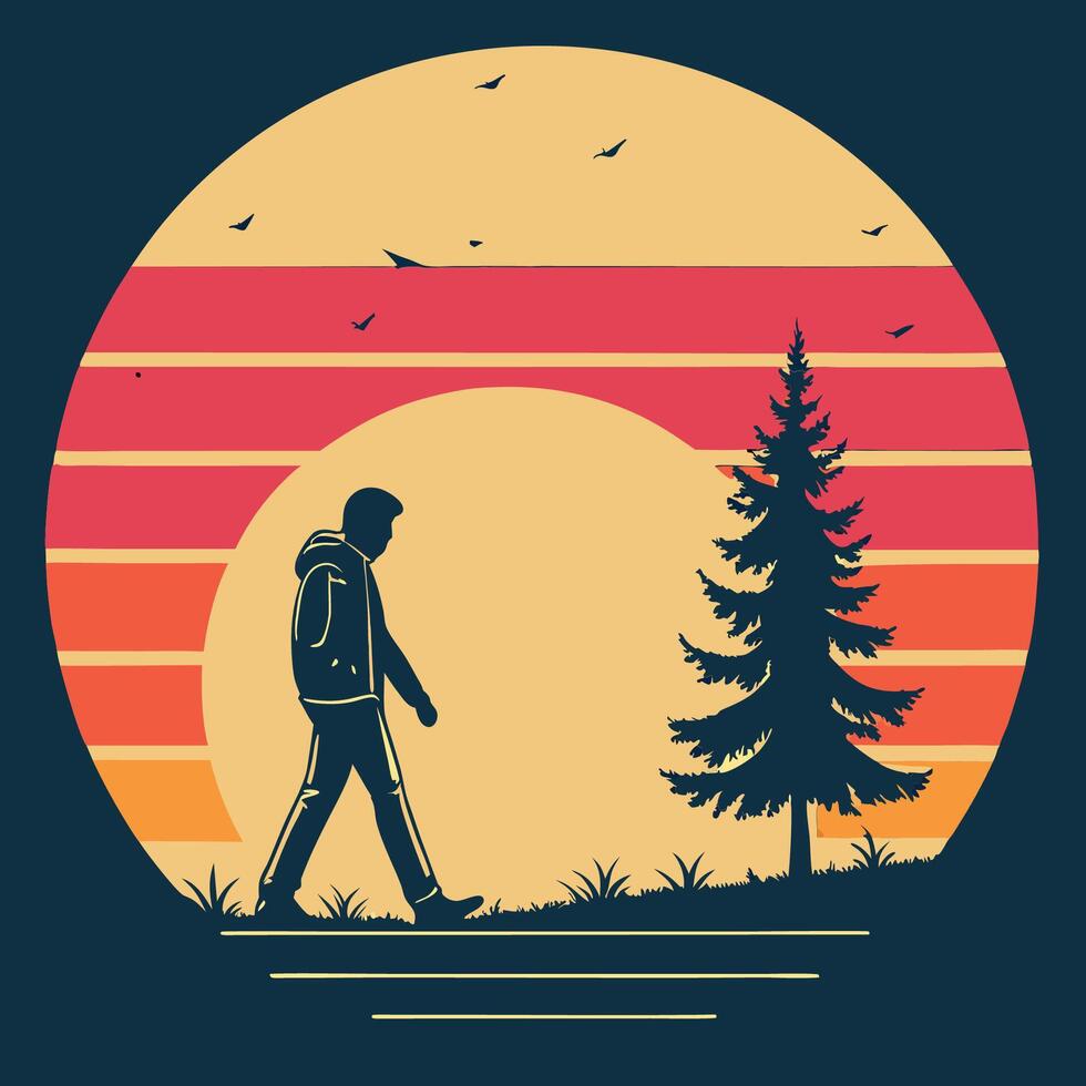 a man walking in the woods at sunset vector