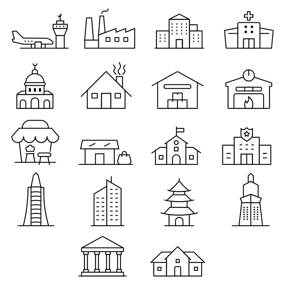 building Icons set, defferent type of workshop architecher thin line editable vector
