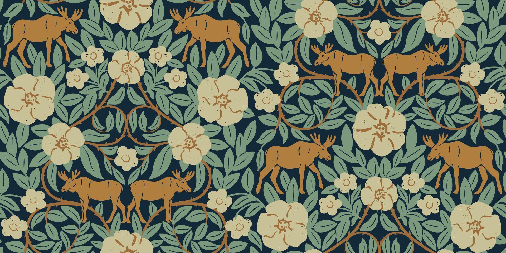 Moose Animal and Floral Medieval Seamless Pattern vector
