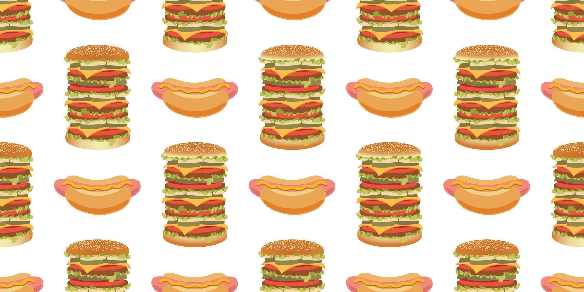 Fast Food Seamless Pattern with Hamburger and Sausages Repeat Design vector