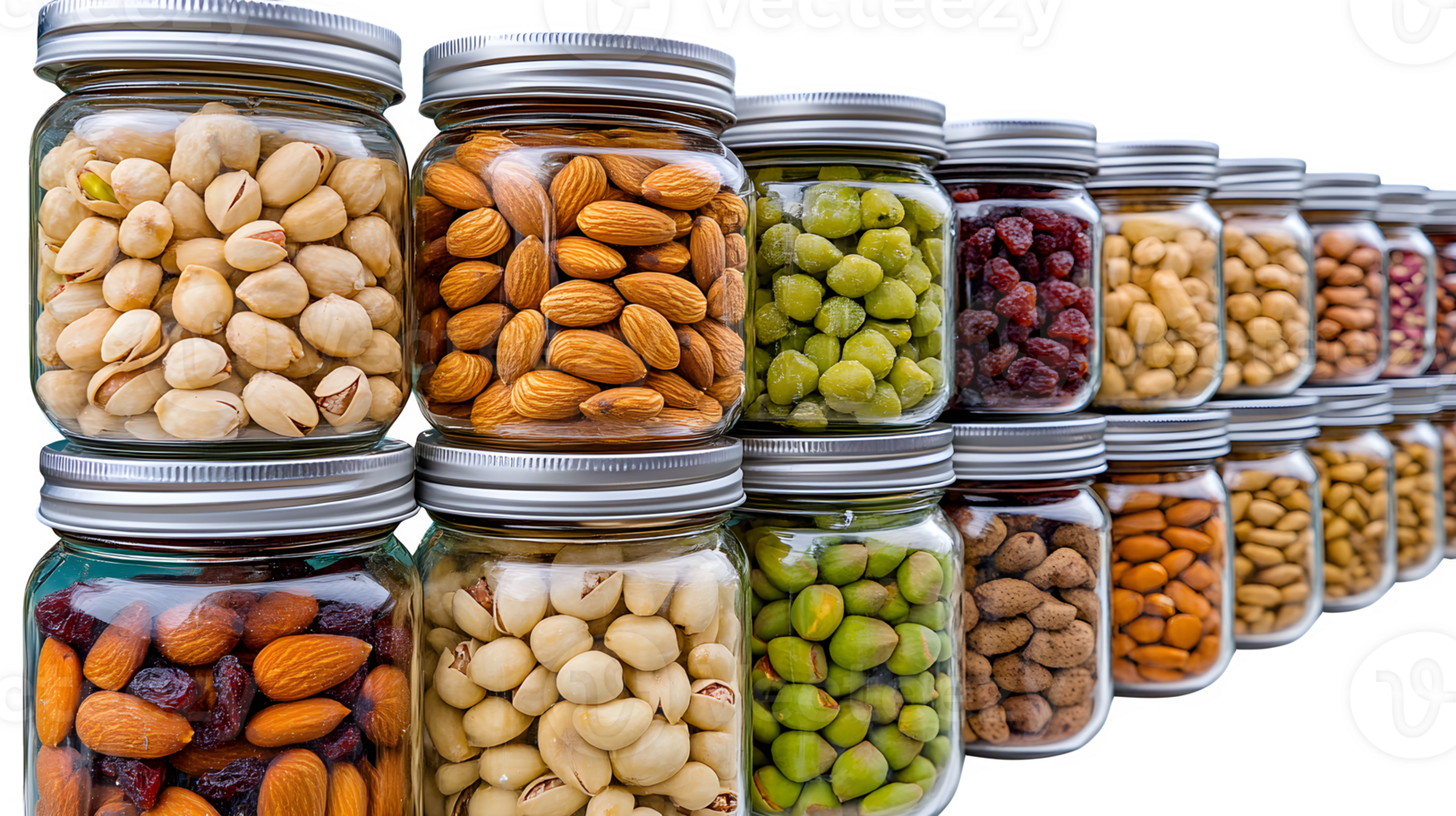 A row of jars with nuts and seeds png