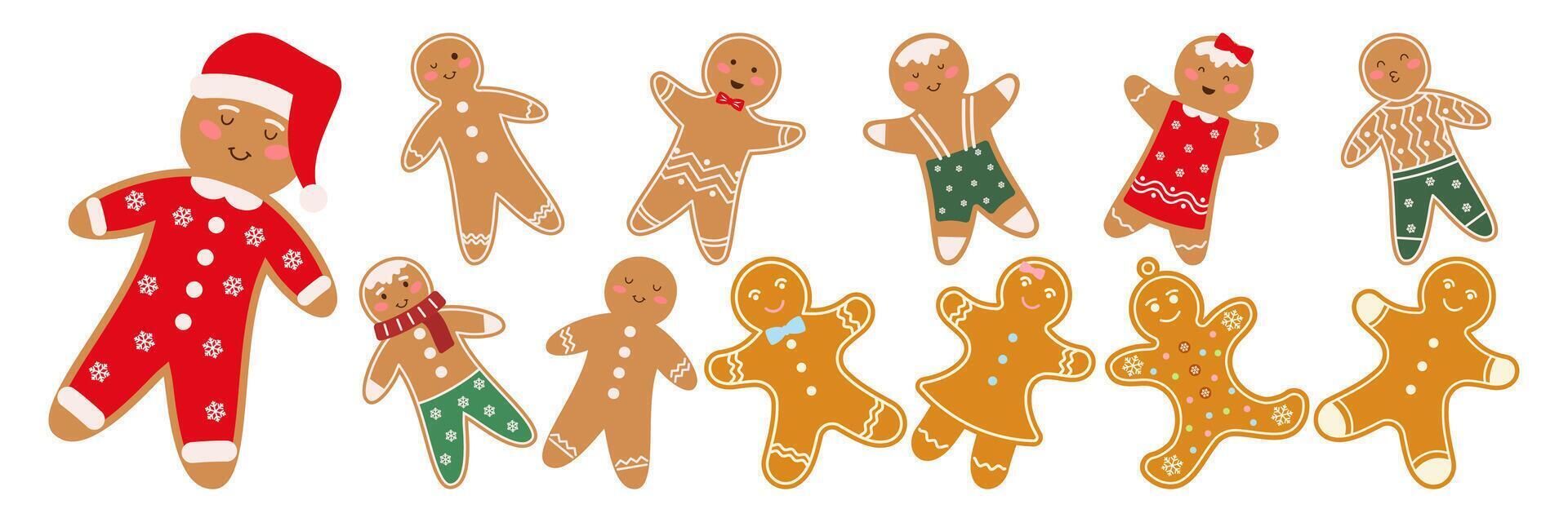 Christmas Gingerbread Cookie. Set of winter sweet homemade biscuits in the form of different characters and holiday items on a white background. vector
